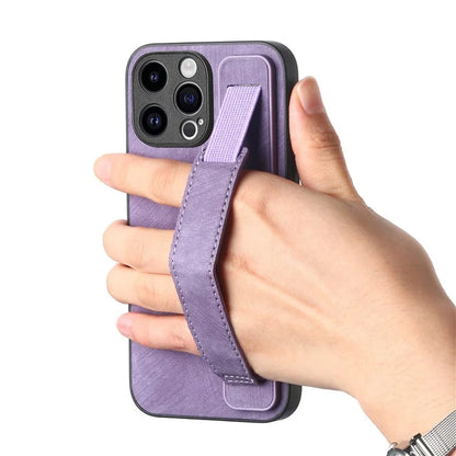 D11 For iPhone 15 Pro Leather+TPU Phone Case Wristband Kickstand