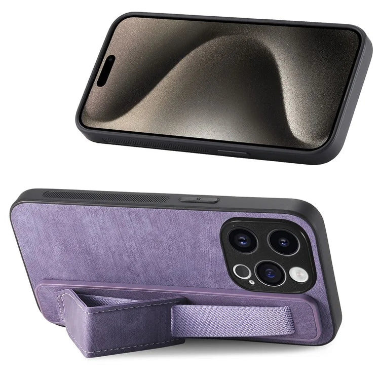 D11 For iPhone 15 Pro Leather+TPU Phone Case Wristband Kickstand