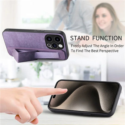 D11 For iPhone 15 Pro Leather+TPU Phone Case Wristband Kickstand