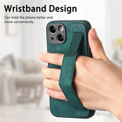 D11 For iPhone 14 Wristband Kickstand Case Retro PU Leather Coated TPU Cover