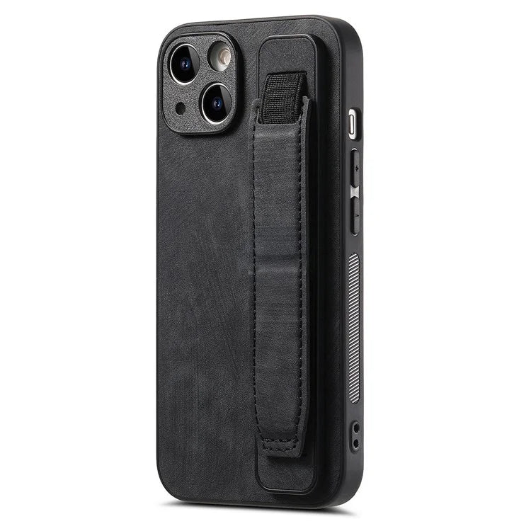 D11 For iPhone 14 Wristband Kickstand Case Retro PU Leather Coated TPU Cover
