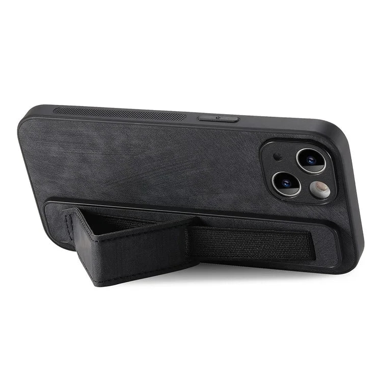 D11 For iPhone 14 Wristband Kickstand Case Retro PU Leather Coated TPU Cover