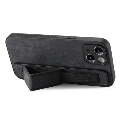 D11 For iPhone 14 Wristband Kickstand Case Retro PU Leather Coated TPU Cover
