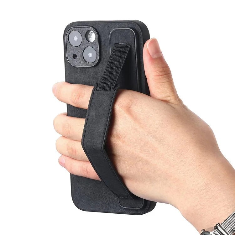 D11 For iPhone 14 Wristband Kickstand Case Retro PU Leather Coated TPU Cover