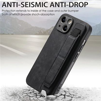 D11 For iPhone 14 Wristband Kickstand Case Retro PU Leather Coated TPU Cover