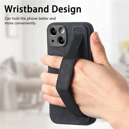 D11 For iPhone 14 Wristband Kickstand Case Retro PU Leather Coated TPU Cover