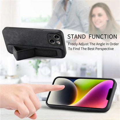 D11 For iPhone 14 Wristband Kickstand Case Retro PU Leather Coated TPU Cover