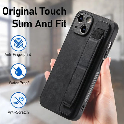 D11 For iPhone 14 Wristband Kickstand Case Retro PU Leather Coated TPU Cover