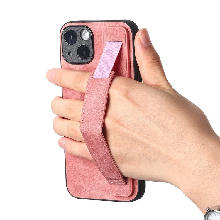 D11 For iPhone 14 Wristband Kickstand Case Retro PU Leather Coated TPU Cover