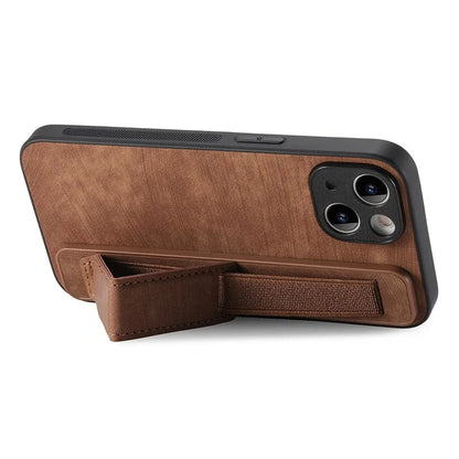 D11 For iPhone 14 Wristband Kickstand Case Retro PU Leather Coated TPU Cover