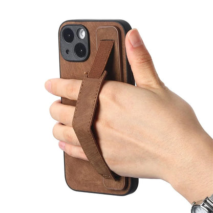 D11 For iPhone 14 Wristband Kickstand Case Retro PU Leather Coated TPU Cover