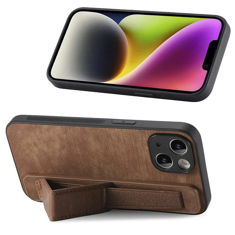 D11 For iPhone 14 Wristband Kickstand Case Retro PU Leather Coated TPU Cover