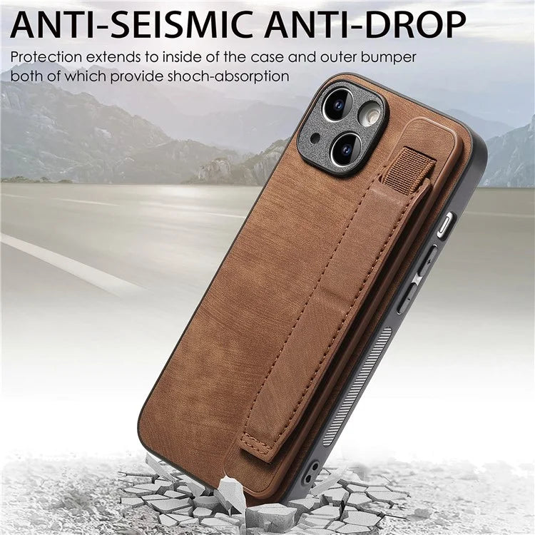 D11 For iPhone 14 Wristband Kickstand Case Retro PU Leather Coated TPU Cover