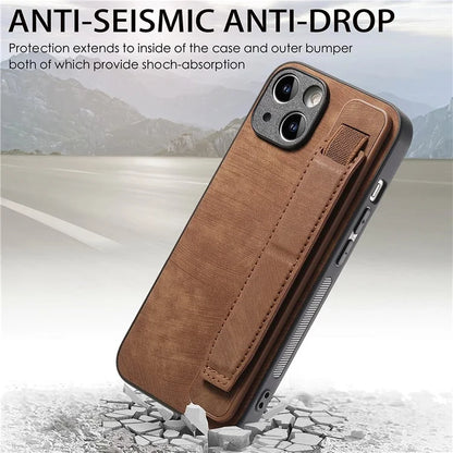 D11 For iPhone 14 Wristband Kickstand Case Retro PU Leather Coated TPU Cover