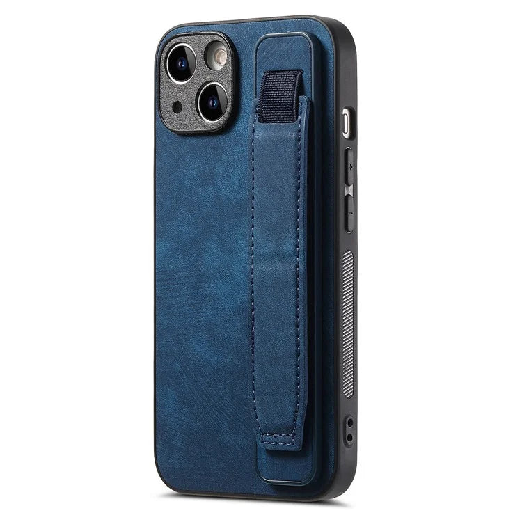 D11 For iPhone 14 Wristband Kickstand Case Retro PU Leather Coated TPU Cover