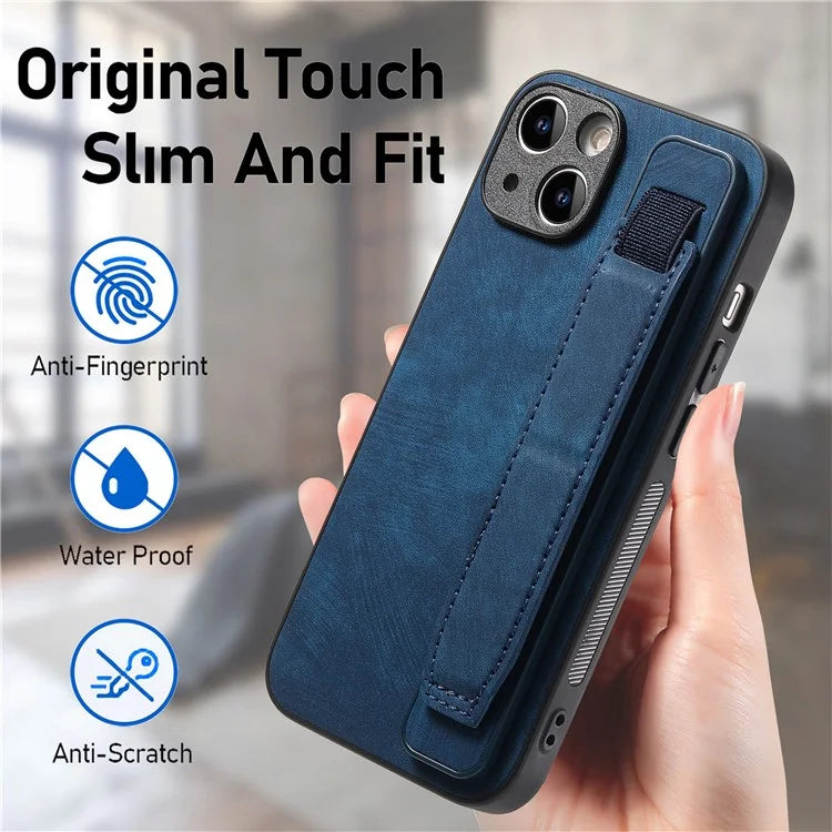 D11 For iPhone 14 Wristband Kickstand Case Retro PU Leather Coated TPU Cover