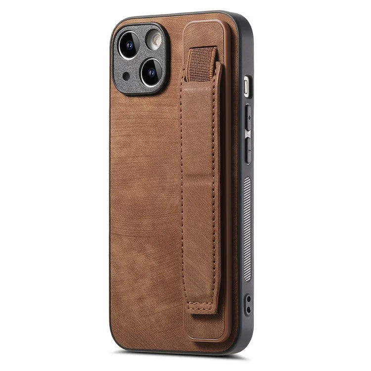 D11 For iPhone 15 Case Wristband Kickstand Leather+TPU Drop-proof Phone Protector