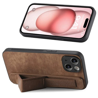 D11 For iPhone 15 Case Wristband Kickstand Leather+TPU Drop-proof Phone Protector