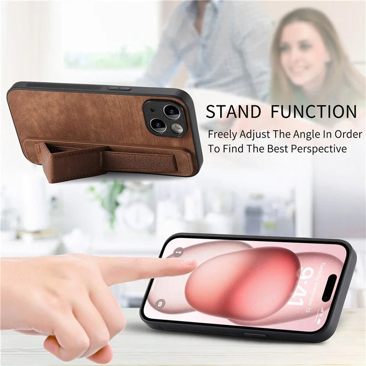 D11 For iPhone 15 Case Wristband Kickstand Leather+TPU Drop-proof Phone Protector