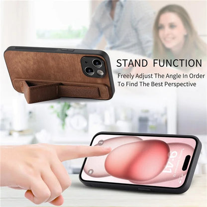 D11 For iPhone 15 Case Wristband Kickstand Leather+TPU Drop-proof Phone Protector