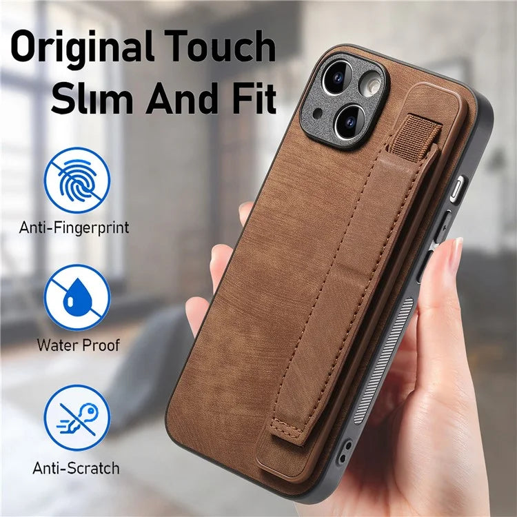 D11 For iPhone 15 Case Wristband Kickstand Leather+TPU Drop-proof Phone Protector