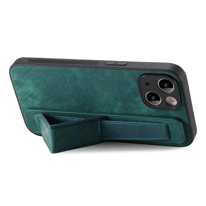 D11 For iPhone 15 Case Wristband Kickstand Leather+TPU Drop-proof Phone Protector