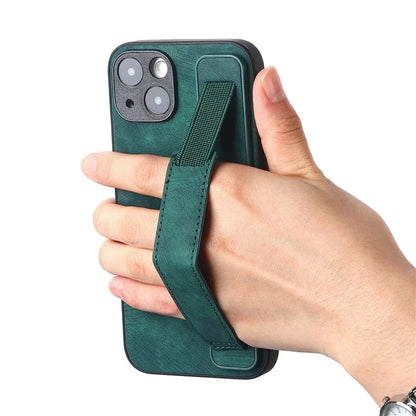 D11 For iPhone 15 Case Wristband Kickstand Leather+TPU Drop-proof Phone Protector