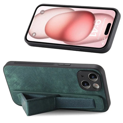 D11 For iPhone 15 Case Wristband Kickstand Leather+TPU Drop-proof Phone Protector