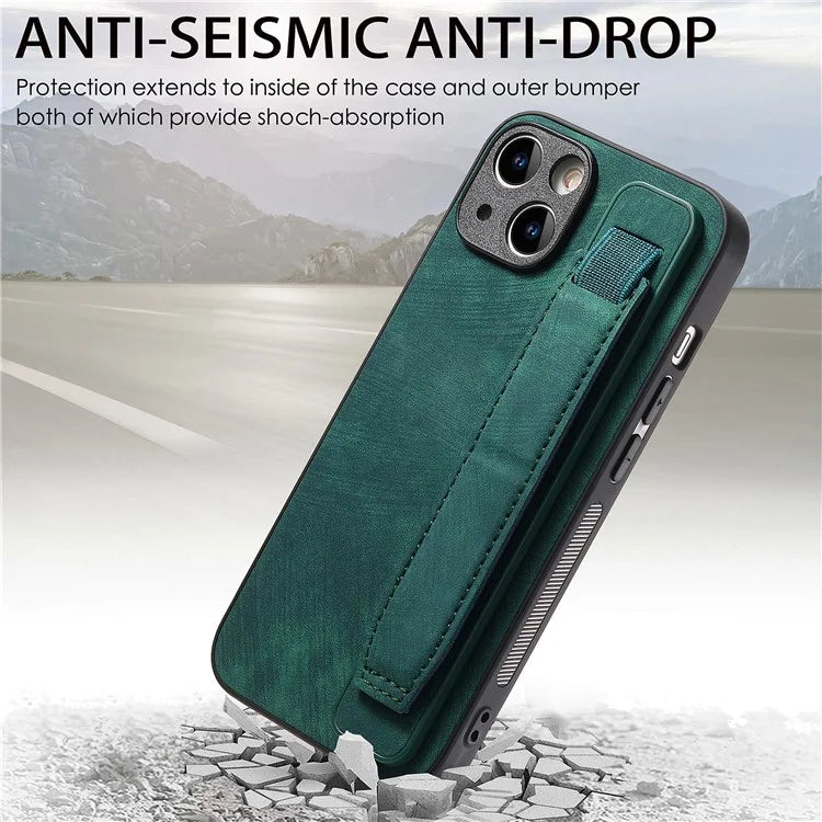 D11 For iPhone 15 Case Wristband Kickstand Leather+TPU Drop-proof Phone Protector