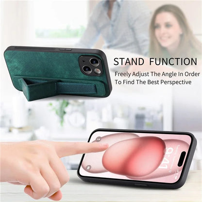 D11 For iPhone 15 Case Wristband Kickstand Leather+TPU Drop-proof Phone Protector