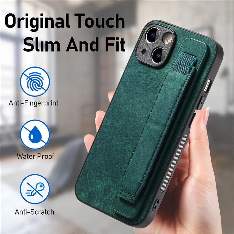 D11 For iPhone 15 Case Wristband Kickstand Leather+TPU Drop-proof Phone Protector