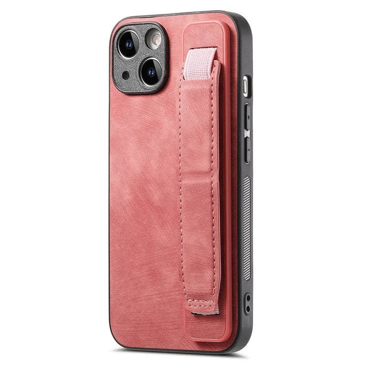 D11 For iPhone 15 Case Wristband Kickstand Leather+TPU Drop-proof Phone Protector