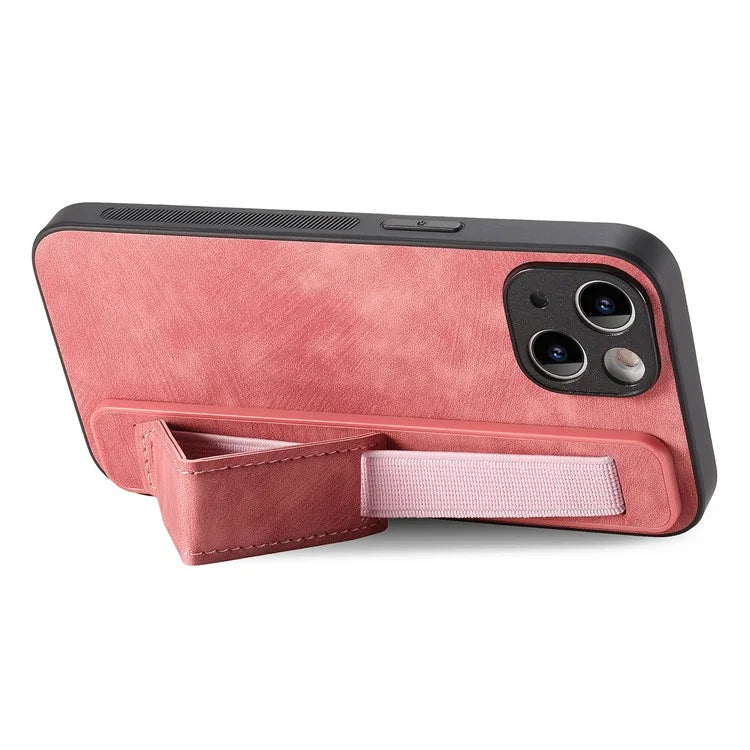 D11 For iPhone 15 Case Wristband Kickstand Leather+TPU Drop-proof Phone Protector