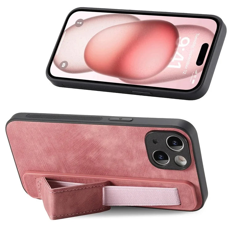 D11 For iPhone 15 Case Wristband Kickstand Leather+TPU Drop-proof Phone Protector