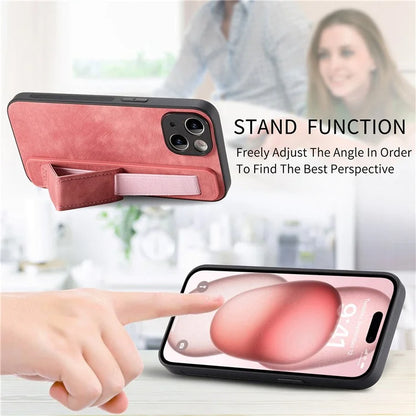 D11 For iPhone 15 Case Wristband Kickstand Leather+TPU Drop-proof Phone Protector