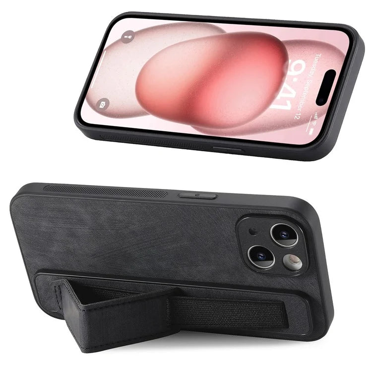 D11 For iPhone 15 Case Wristband Kickstand Leather+TPU Drop-proof Phone Protector