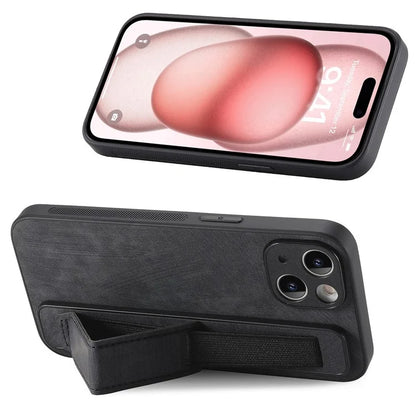 D11 For iPhone 15 Case Wristband Kickstand Leather+TPU Drop-proof Phone Protector