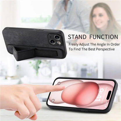 D11 For iPhone 15 Case Wristband Kickstand Leather+TPU Drop-proof Phone Protector
