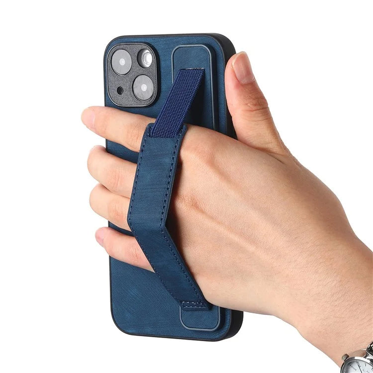 D11 For iPhone 15 Case Wristband Kickstand Leather+TPU Drop-proof Phone Protector