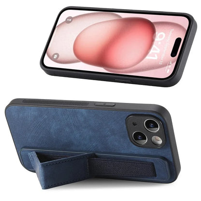 D11 For iPhone 15 Case Wristband Kickstand Leather+TPU Drop-proof Phone Protector