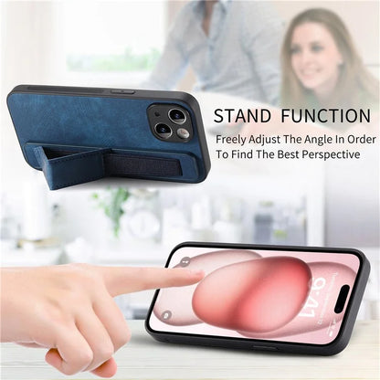 D11 For iPhone 15 Case Wristband Kickstand Leather+TPU Drop-proof Phone Protector