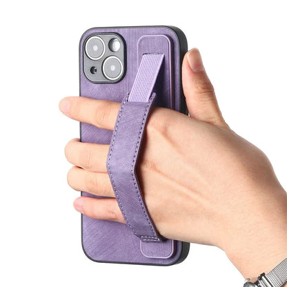 D11 For iPhone 15 Case Wristband Kickstand Leather+TPU Drop-proof Phone Protector