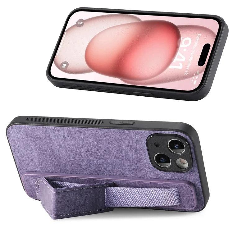 D11 For iPhone 15 Case Wristband Kickstand Leather+TPU Drop-proof Phone Protector