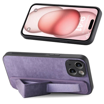 D11 For iPhone 15 Case Wristband Kickstand Leather+TPU Drop-proof Phone Protector