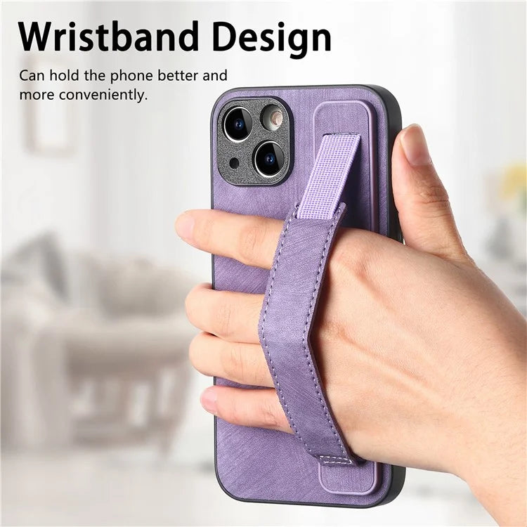 D11 For iPhone 15 Case Wristband Kickstand Leather+TPU Drop-proof Phone Protector