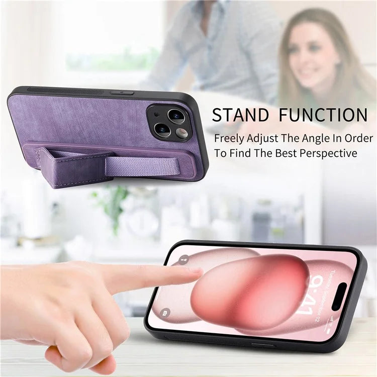 D11 For iPhone 15 Case Wristband Kickstand Leather+TPU Drop-proof Phone Protector