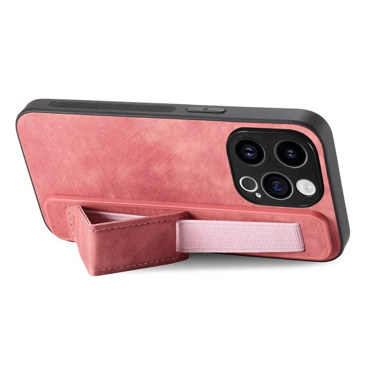 D11 For iPhone 14 Pro Case Retro Leather Scratch-resistant Wristband Kickstand Smartphone Cover