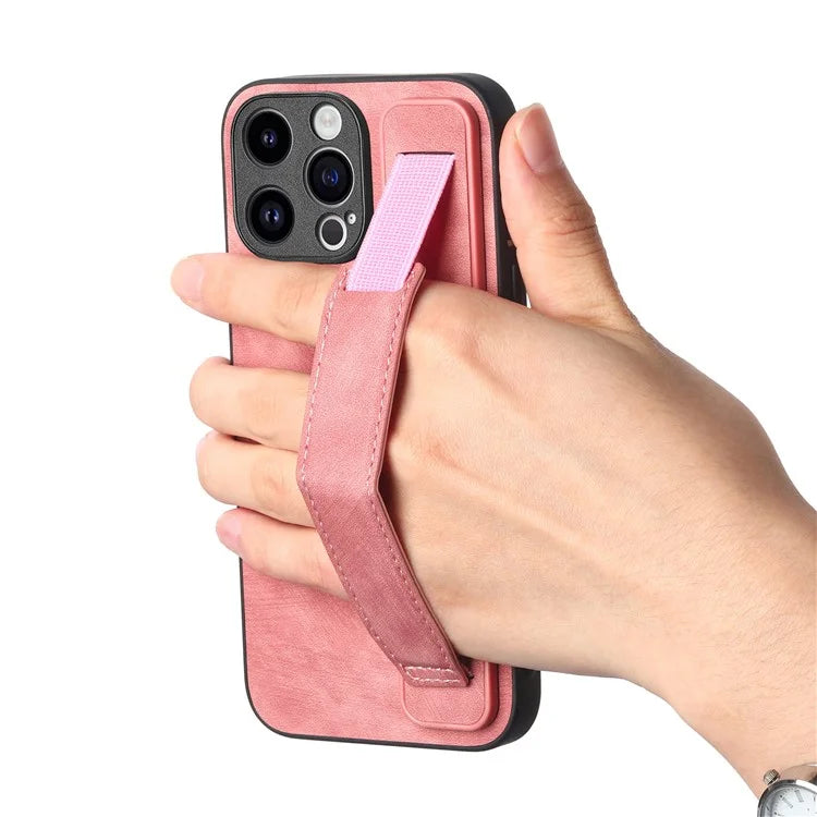 D11 For iPhone 14 Pro Case Retro Leather Scratch-resistant Wristband Kickstand Smartphone Cover