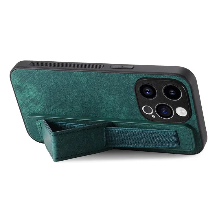 D11 For iPhone 14 Pro Case Retro Leather Scratch-resistant Wristband Kickstand Smartphone Cover