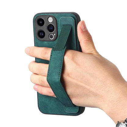 D11 For iPhone 14 Pro Case Retro Leather Scratch-resistant Wristband Kickstand Smartphone Cover